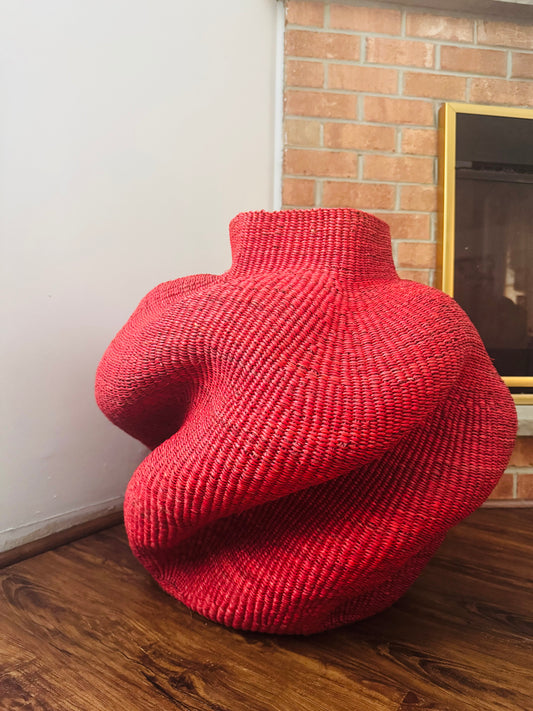 Wavy Red Art Basket – Handwoven Sculpture from Ghana